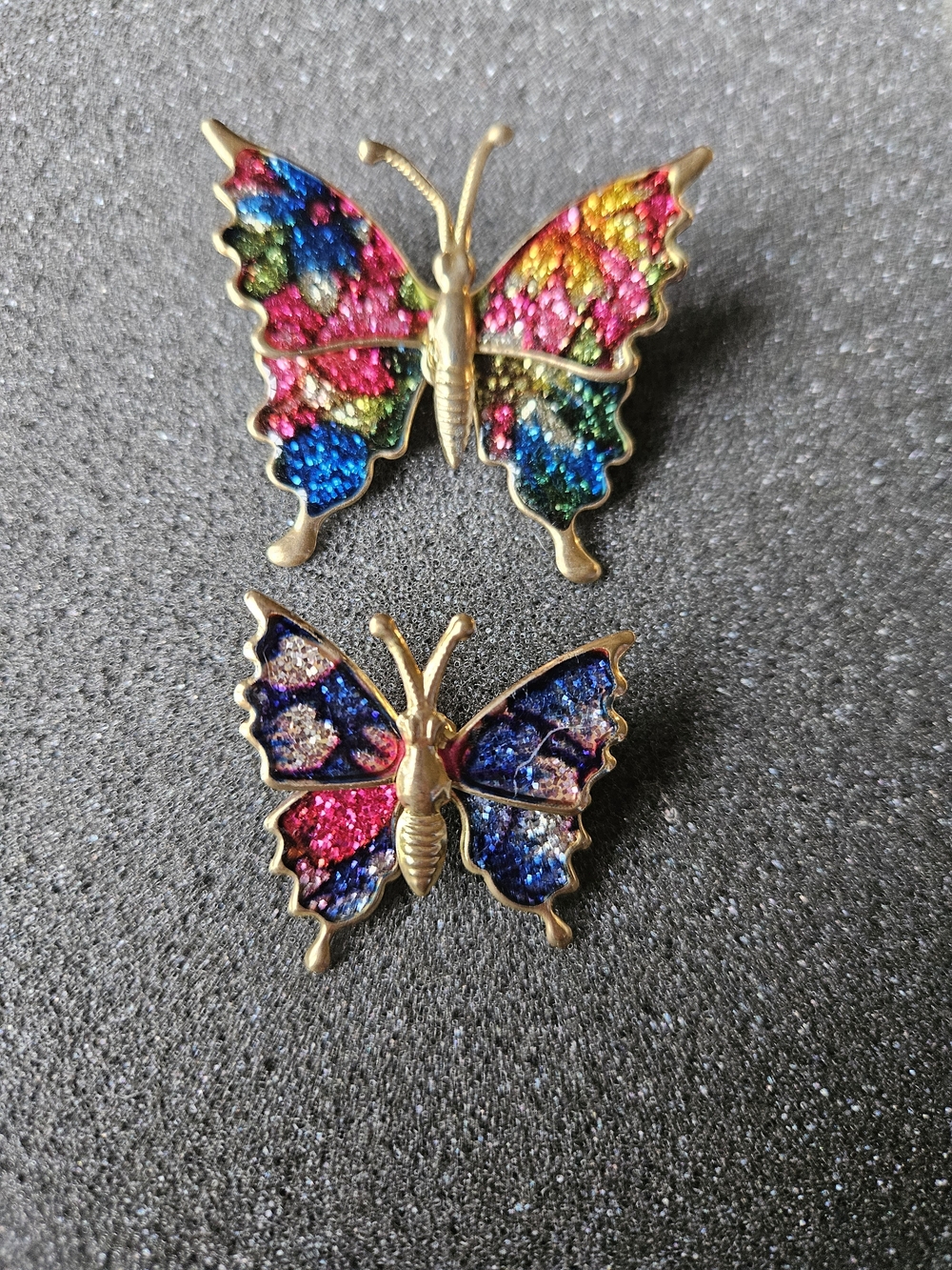 Vintage Gold Butterfly Brooches with Multicolor Glitter Enamel.